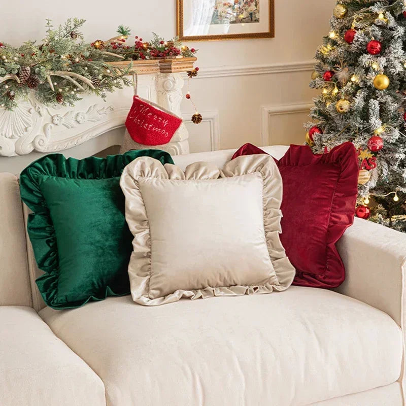 Afralia™ Ruffled Edge Patchwork Velvet Pillow Covers Set for Festive Home Decor