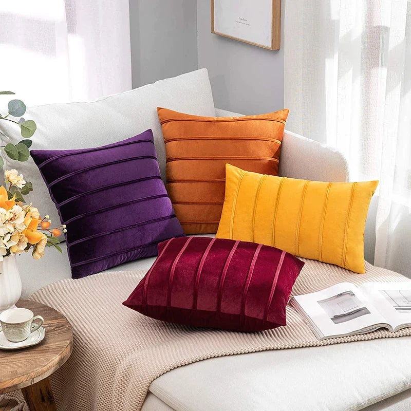 Afralia™ Velvet Striped Throw Pillow Covers Set, Yellow Lumbar Rectangle Cushion Covers