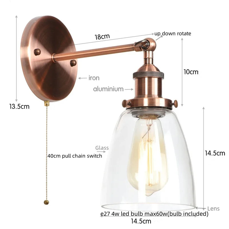 Afralia™ LED Wall Light Fixture Pull Chain Switch Industrial Vintage Bedroom Lamp