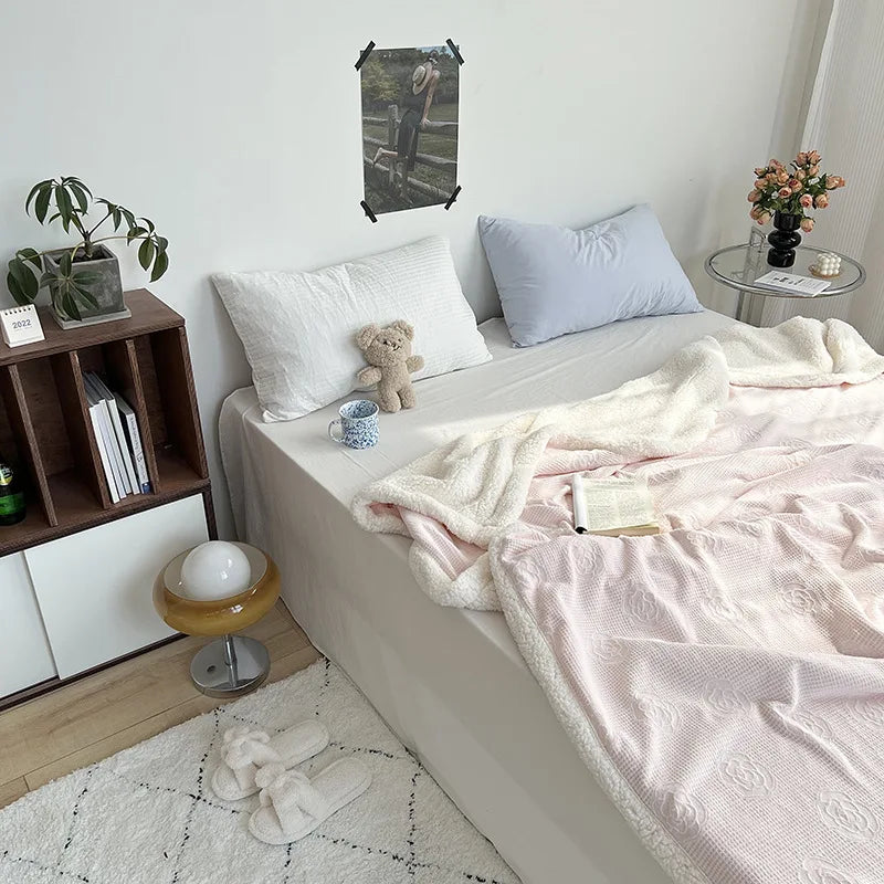 Afralia™ Camellia Jacquard Lamb Wool Blanket - Double-Layer Cozy Quilt