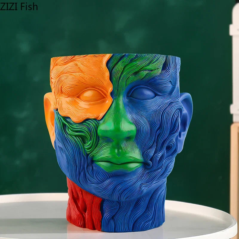 Afralia™ Colorful Human Portrait Vase Desk Decoration with Artificial Flowers