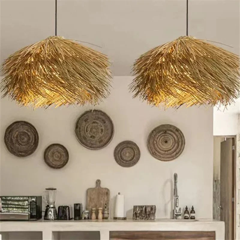 Afralia™ Wabi Sabi Rattan Straw Hat Pendant Chandelier - Nordic Retro B&B Suspended Lamp