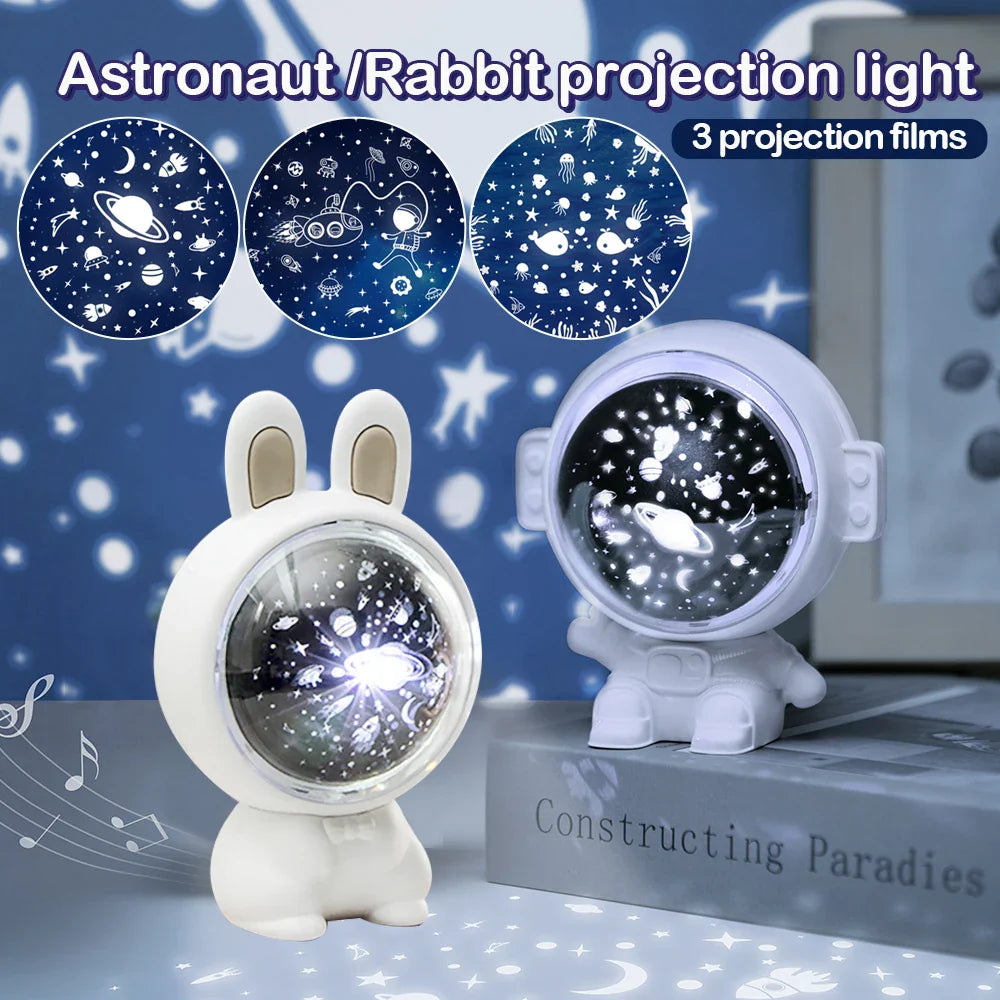 Afralia™ Rabbit Astronaut Music Box Night Light Astral Star Projector