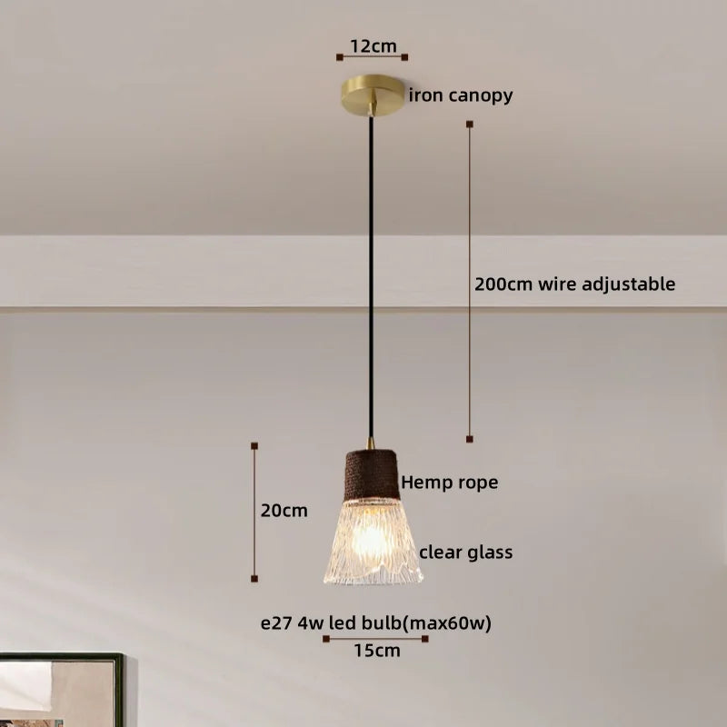 Afralia™ Clear Glass LED Pendant Light - Hemp Rope Chandelier for Home Decor