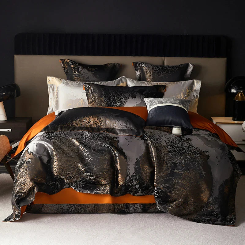 Afralia™ Silver Gray Satin Jacquard 1000TC Egyptian Cotton Bedding Set, Queen King Size