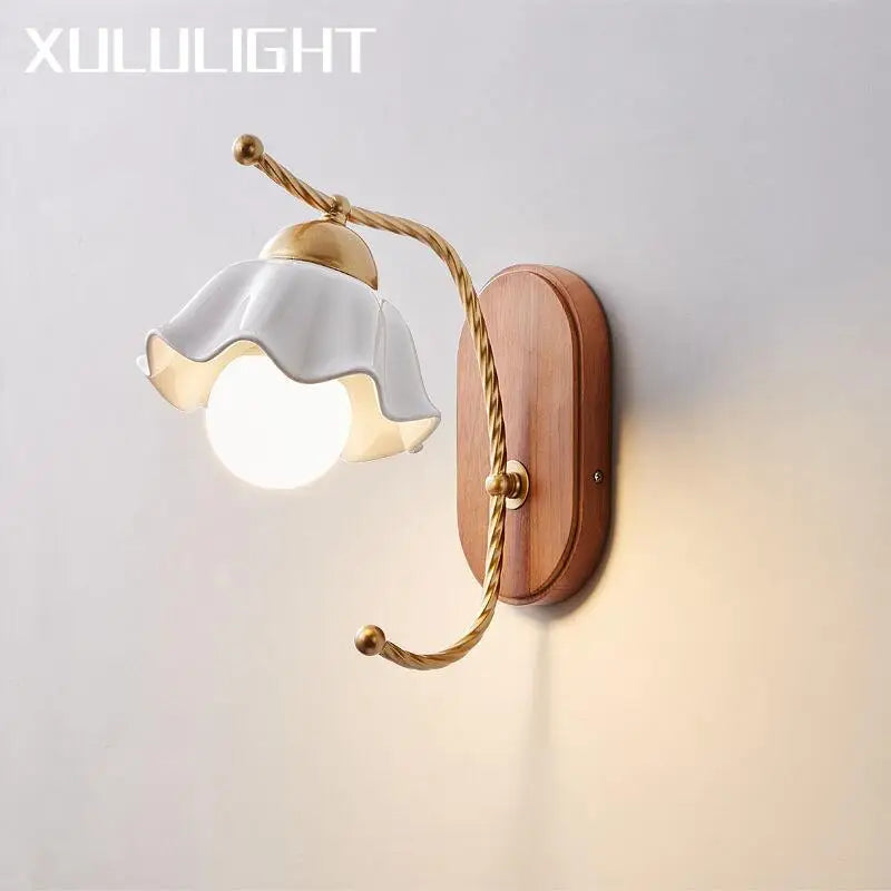 Afralia™ Retro Solid Wood Wall Lamp with Ceramic Fabric Lampshade & 7W LED Lighting