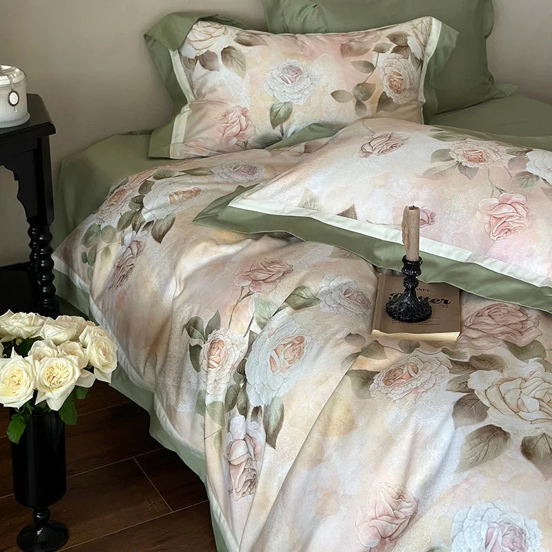 Afralia™ Egyptian Cotton French Rose Flower Print Bedding Set with Vintage Charm