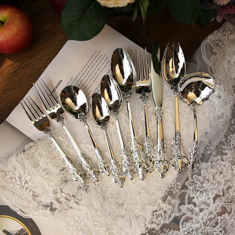 Afralia™ Baroque Silver Cutlery Set, Kitchen Flatware Knife Fork Spoon, 10 Pcs