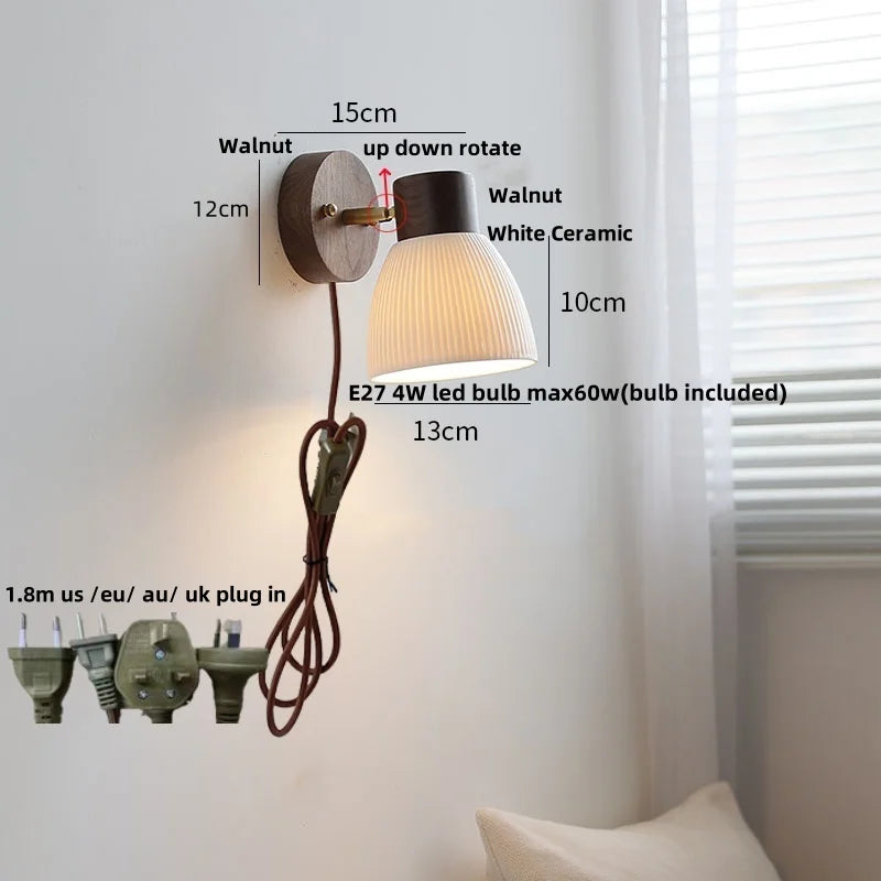 Afralia™ Walnut Wood LED Wall Sconce, Nordic Modern Bathroom Mirror Light, White Ceramic Rotate