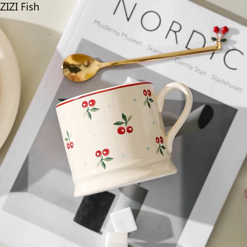 Afralia™ Cherry Pattern Porcelain Coffee Mug - Lovely Tableware Cup for Afternoon Tea