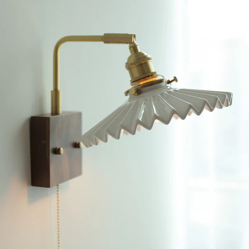 Afralia™ Nordic LED Walnut Wood Wall Lamp with Rotating Ceramic Copper Pull Chain Switch