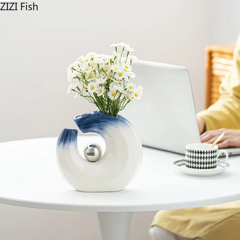 Afralia™ Silver Ball Ceramic Vase for Desk Decor with Artificial Flowers