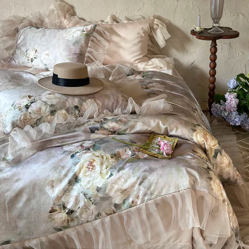 Afralia™ French Flowers Lace Ruffles Bedding Set with Silky Soft Lyocell Cotton
