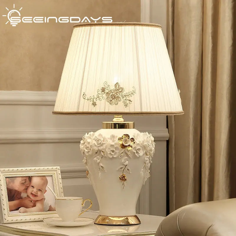 Afralia™ European Style Flower Ceramic Table Lamp for Living Room and Bedroom