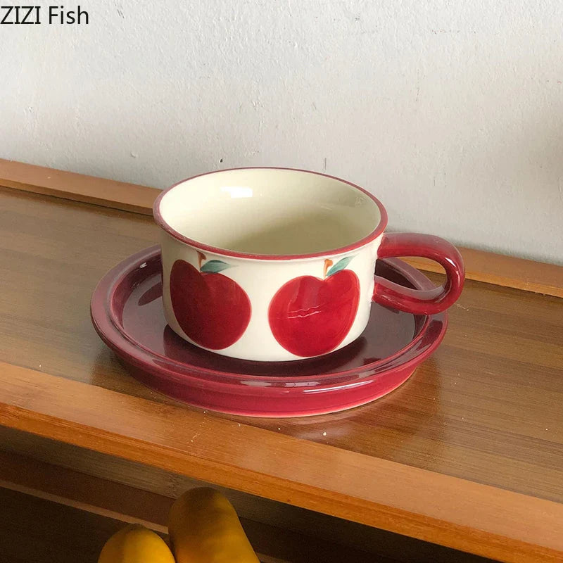 Afralia™ Red Apple Pattern Porcelain Coffee Mug Set of 2