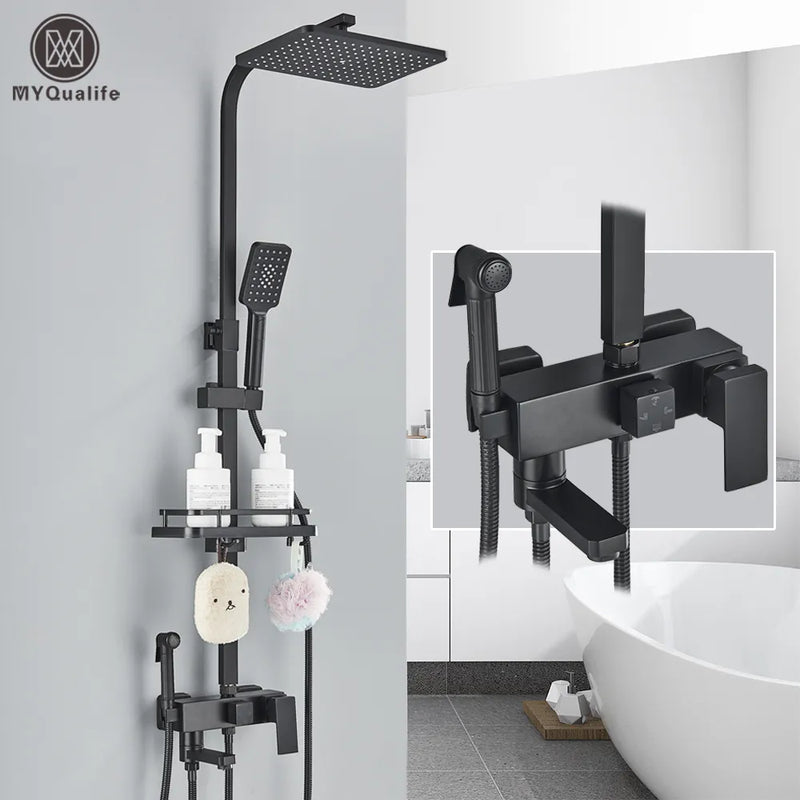 Afralia™ Black Brass Shower Faucet Set Rainfall Bathtub Tap With Bathroom Shelf