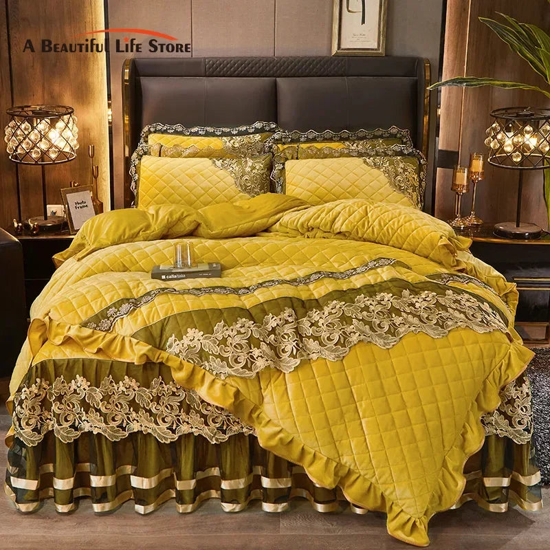 Afralia™ Black Gold Luxury Crystal Velvet Bedding Set with Quilted Embroidery & Ruffles