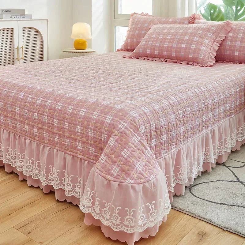 Afralia™ Oversized Printed Bed Skirt Pad Cover with Lace Edge, Cotton Mattress Topper
