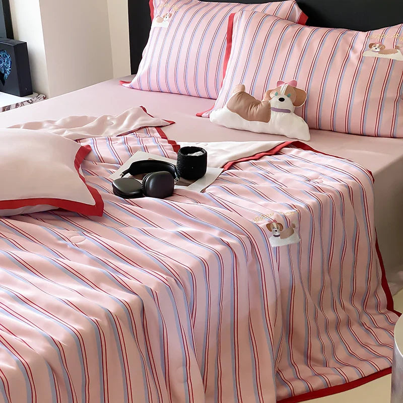 Afralia™ Cool Lyocell Fiber Striped Summer Blanket Set with Pillowcase