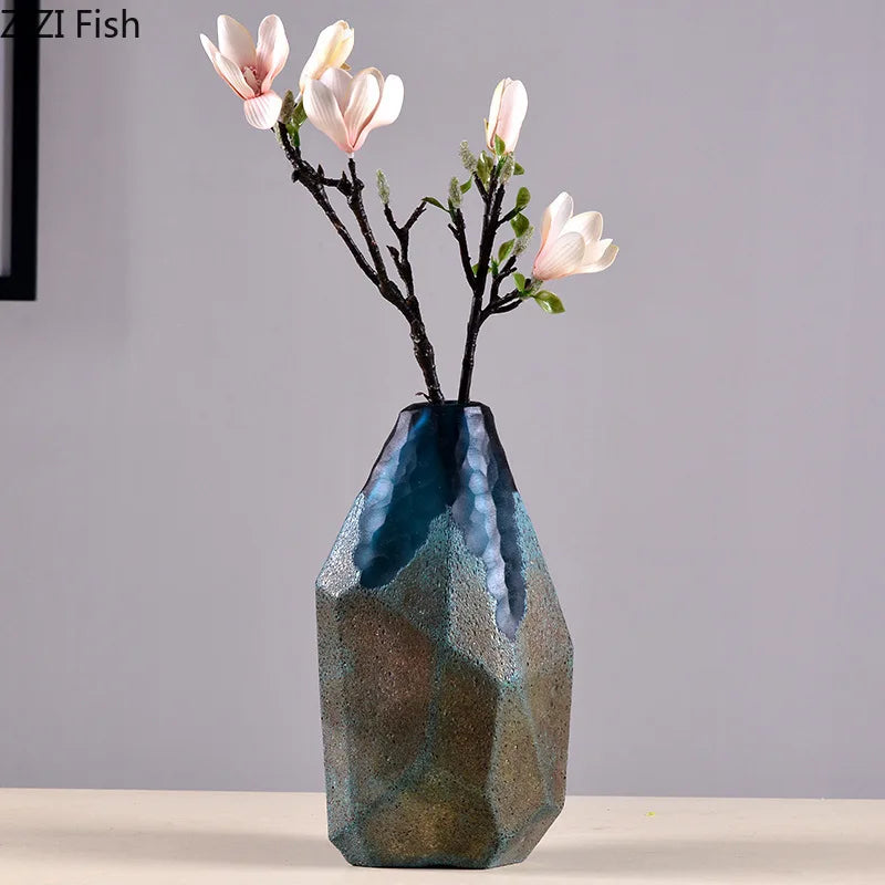 Afralia™ Modern Blue Glass Vase Geometric Texture Desk Decor Flowers Arrangement