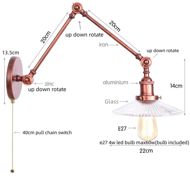 Afralia™ Adjustable Glass Swing Arm LED Wall Sconce with Pull Chain Switch