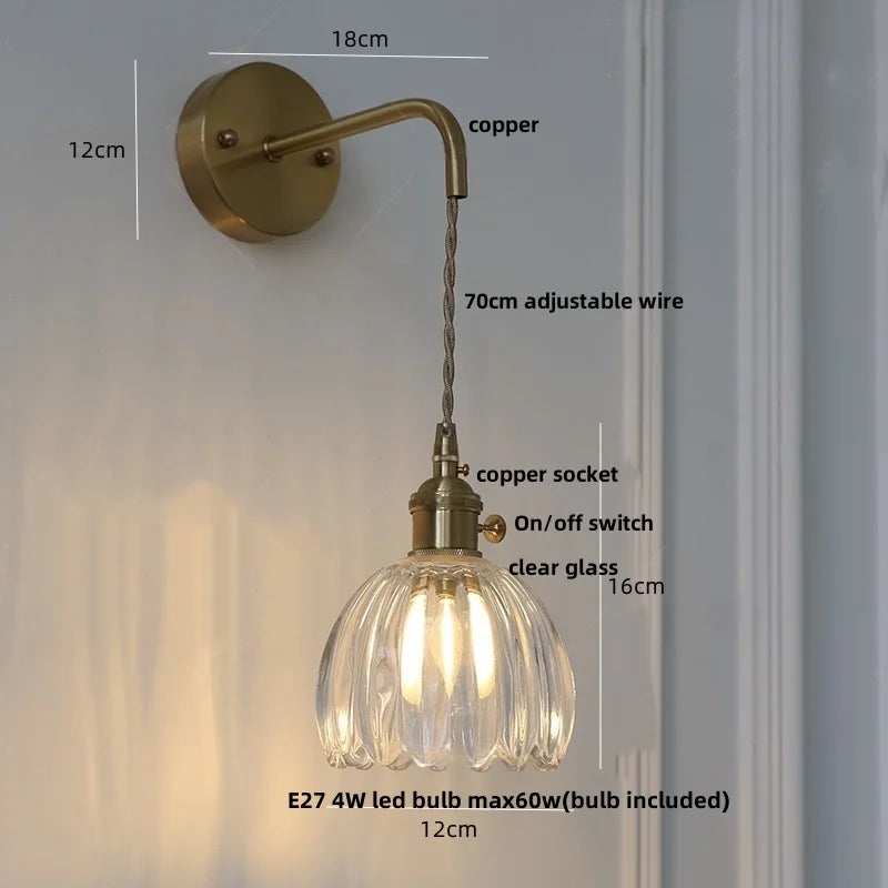 Afralia™ Glass & Copper Green Flower LED Wall Sconce with Pull Chain