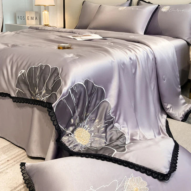 Afralia™ Luxe Flower Embroidered Cool Quilt Set - Lightweight, Silky, High-End Comfort