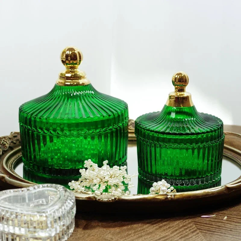 Afralia™ Green Striped Glass Jar with Lid, Small Objects Jewelry Storage Jar