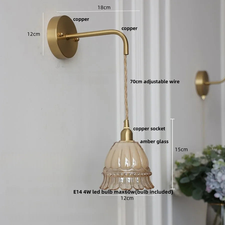 Afralia™ Amber Glass LED Wall Light Pull Chain Switch Modern Flower Sconce