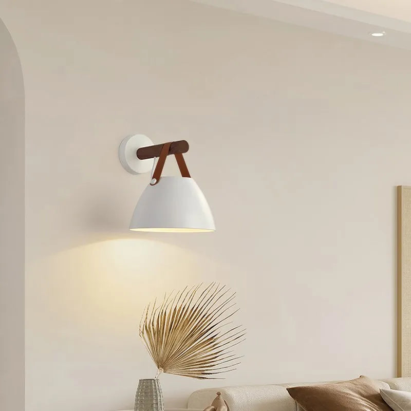 Afralia™ Nordic Wood Leather Belt Wall Lamp for Bedroom Study Living Room