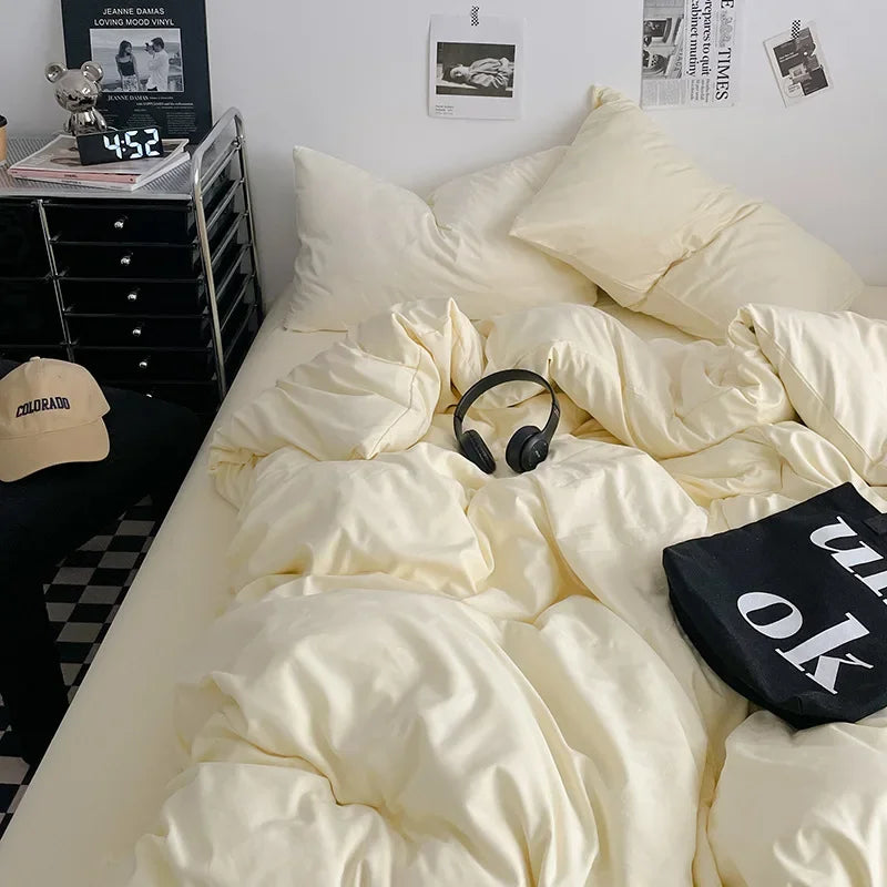 Afralia™ Washed Cotton Bed Set - Soft & Breathable 4-Piece Solid Color Duvet Cover Bed Sheet