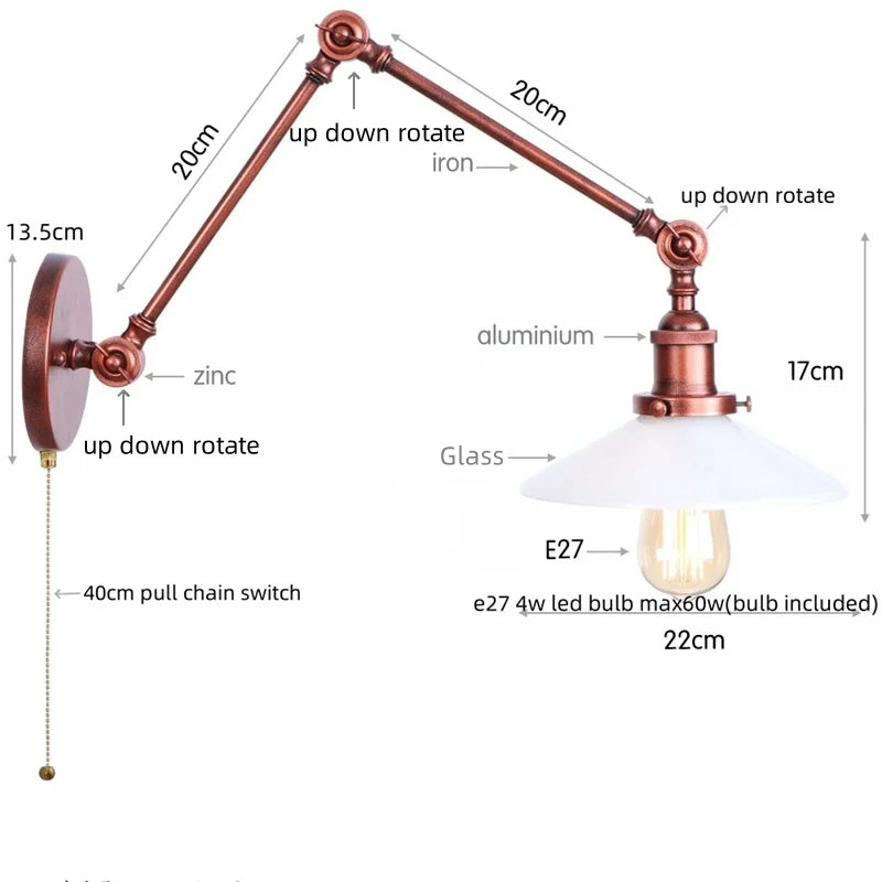 Afralia™ Swing Arm LED Wall Lights Pull Chain Switch Glass Ball Industrial Home Decor