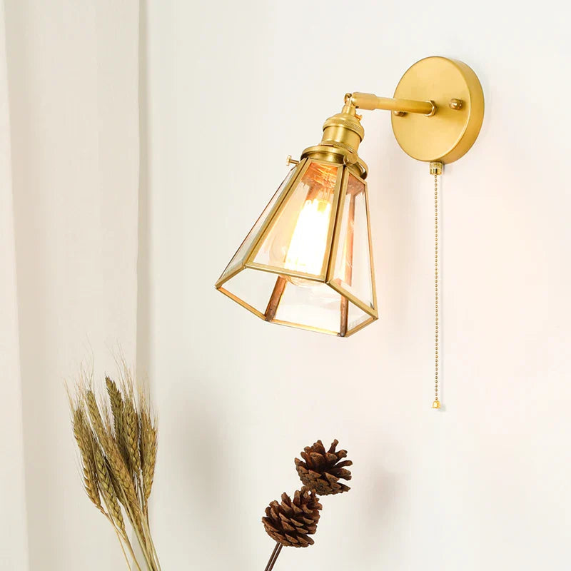 Afralia™ Hexagonal Glass LED Wall Lamp Vintage Copper Pull Chain Switch for Living Room