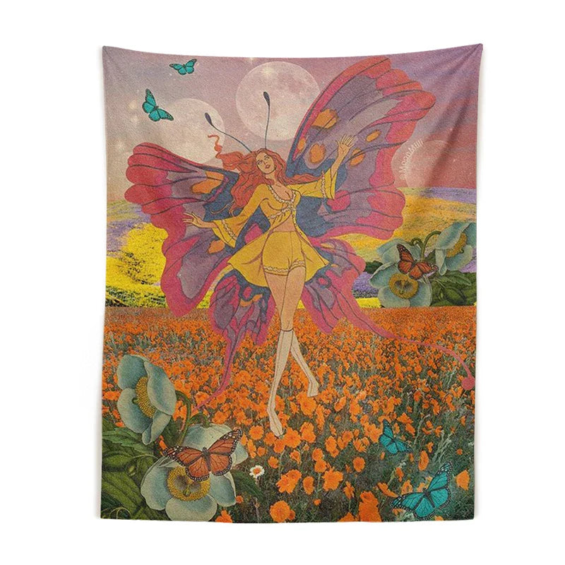 Afralia™ Butterfly Girl Wall Hanging: Vintage 70s Tapestry for Trippy Hippie Dorm Decor.