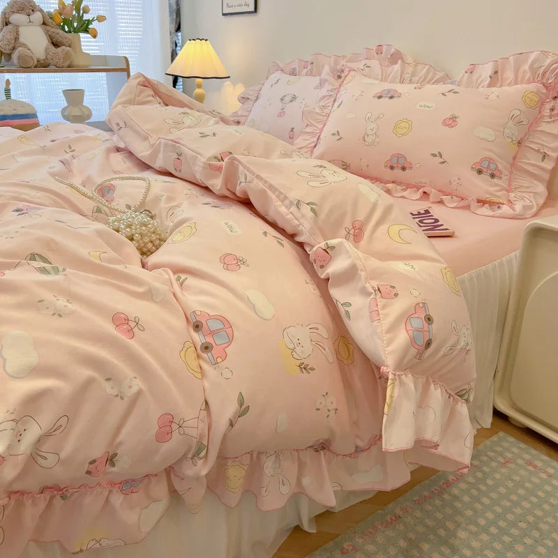 Afralia™ Korean Princess Floral Print Bedding Set in Washed Cotton for Girls