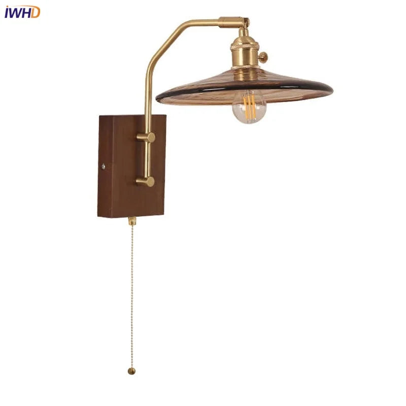 Afralia™ Walnut Wood LED Wall Light Glass Pull Chain Switch Nordic Modern Bedroom Lamp