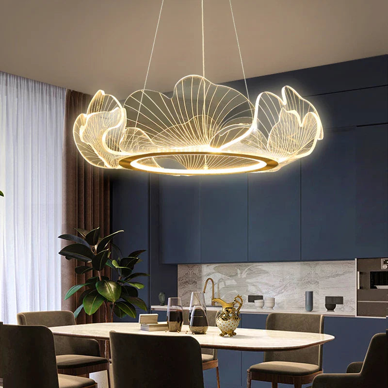 Afralia™ Ginkgo Acrylic LED Pendant Chandelier Light, Gold Metal, Dimmable, Modern Minimalism