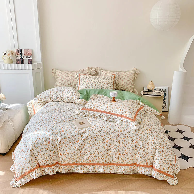 Afralia™ French Floral Bedding Set, 100% Cotton, Ruffles, Duvet Cover, Bed Sheet, Pillowcases