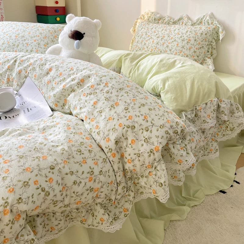 Afralia™ Korean Lace Ruffles Bedding Set with Bed Skirt, Soft Skin-Friendly Material