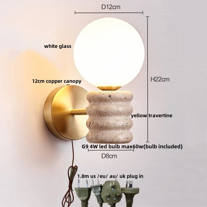 Afralia™ LED Wall Light Fixture Travertine Stone Wood Canopy Bedside Lamp