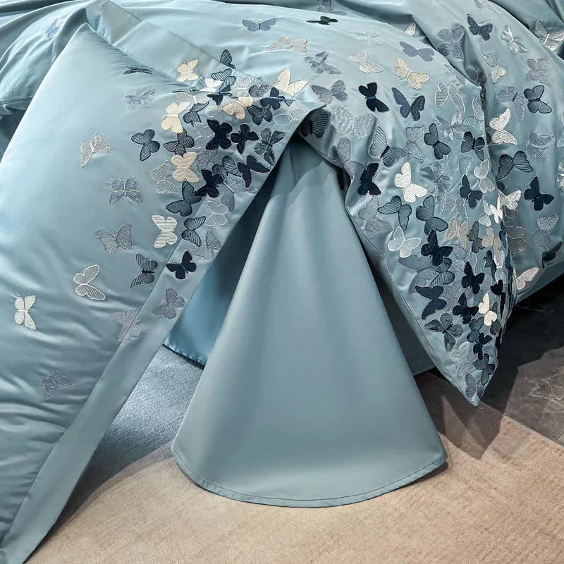 Afralia™ Butterflies Embroidery Bedding Set - King Queen Ru Size Bed Linens Sheet Pillowcase Comforter Cover Set