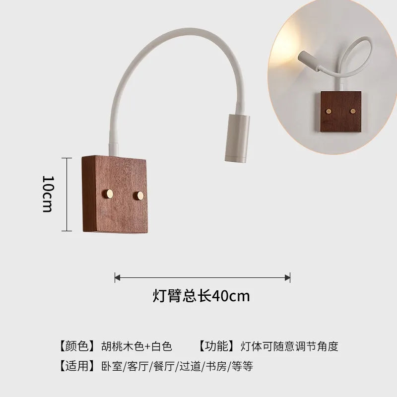 Afralia™ Walnut Wood LED Wall Lamp for Bedroom Study Cafe, Adjustable Universal Joint