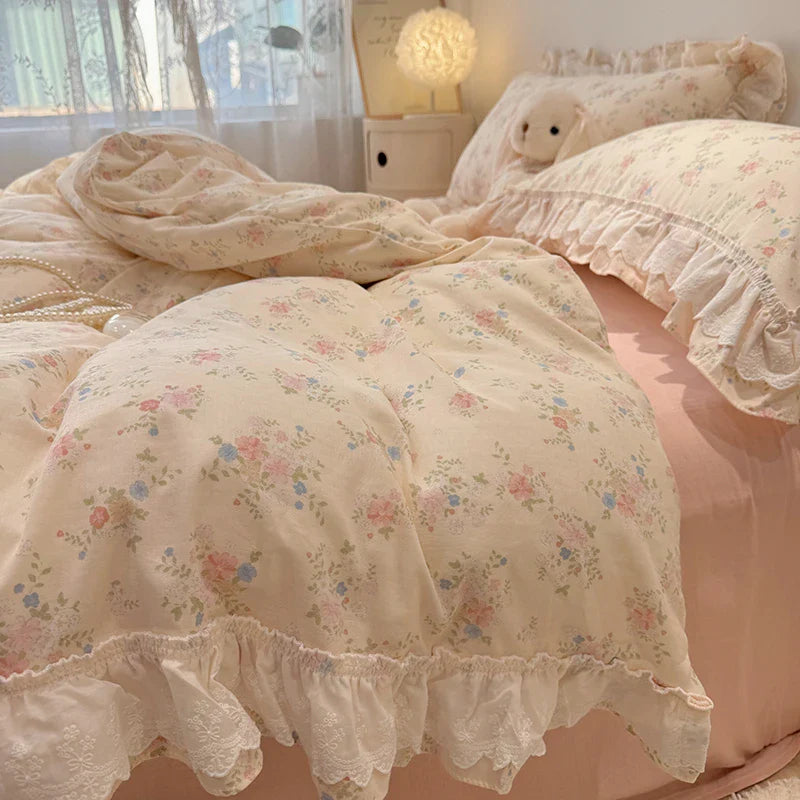 Afralia™ Floral Lace Ruffles Bedding Set in 100% Cotton, Korean Style, Single/Queen/King Size