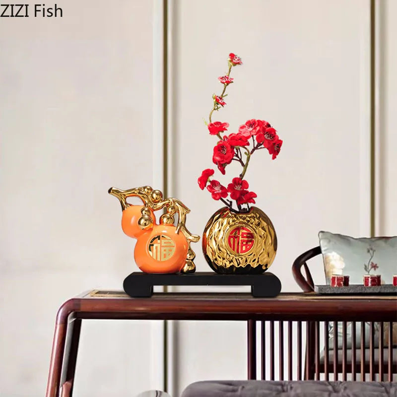 Afralia™ Golden Gourd Ceramic Sculpture - Modern Art Room Decor