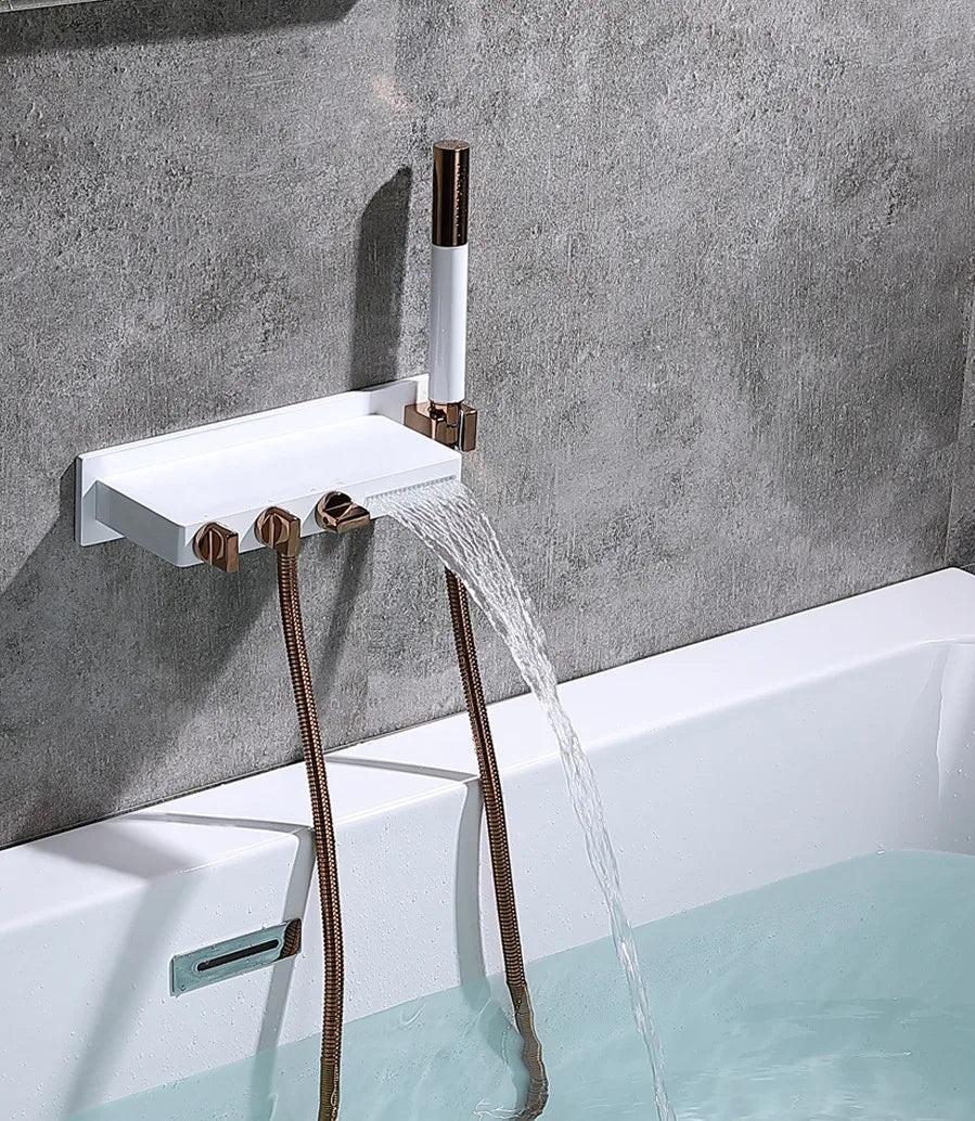 Afralia™ Wall-Mounted White Rose Gold Bathtub Faucet Set with Waterfall Shower