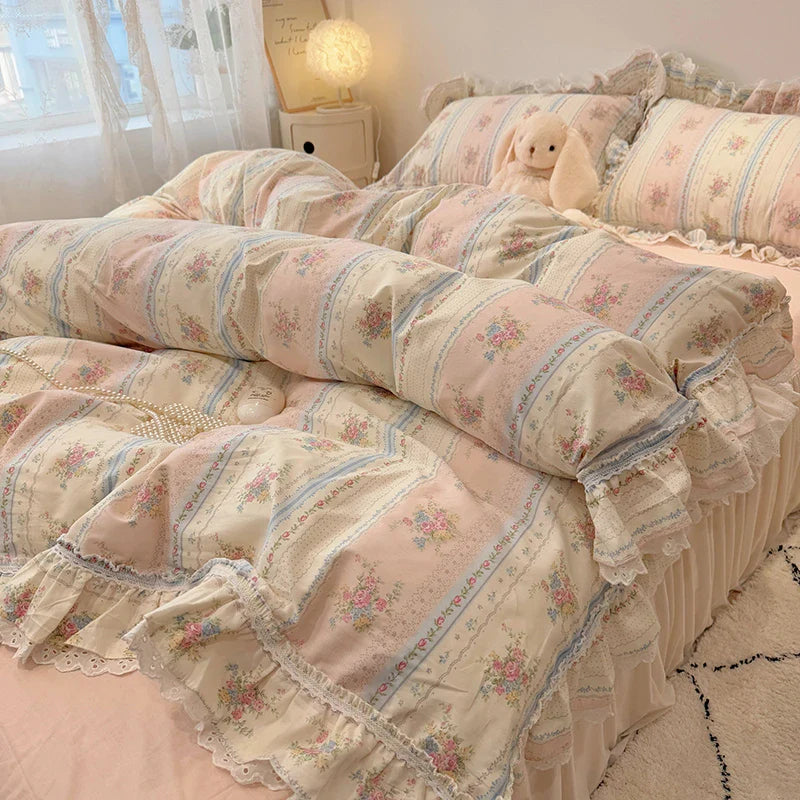 Afralia™ Princess Style Lace Ruffles Bedding Set - 100% Cotton, 3/4Pcs, Korean Design