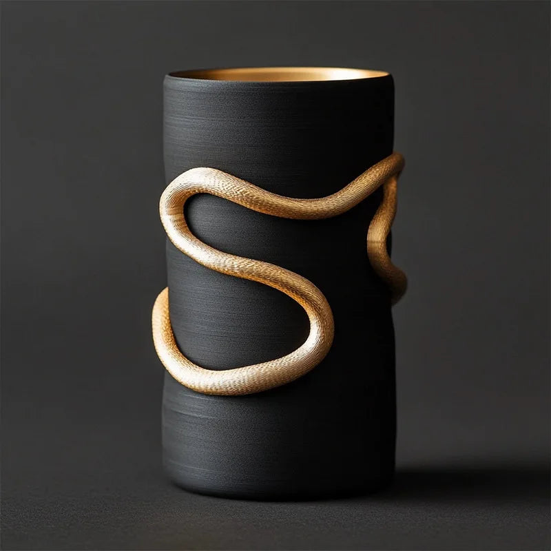 Afralia™ Black Snake Pattern Vase with Gold Accents