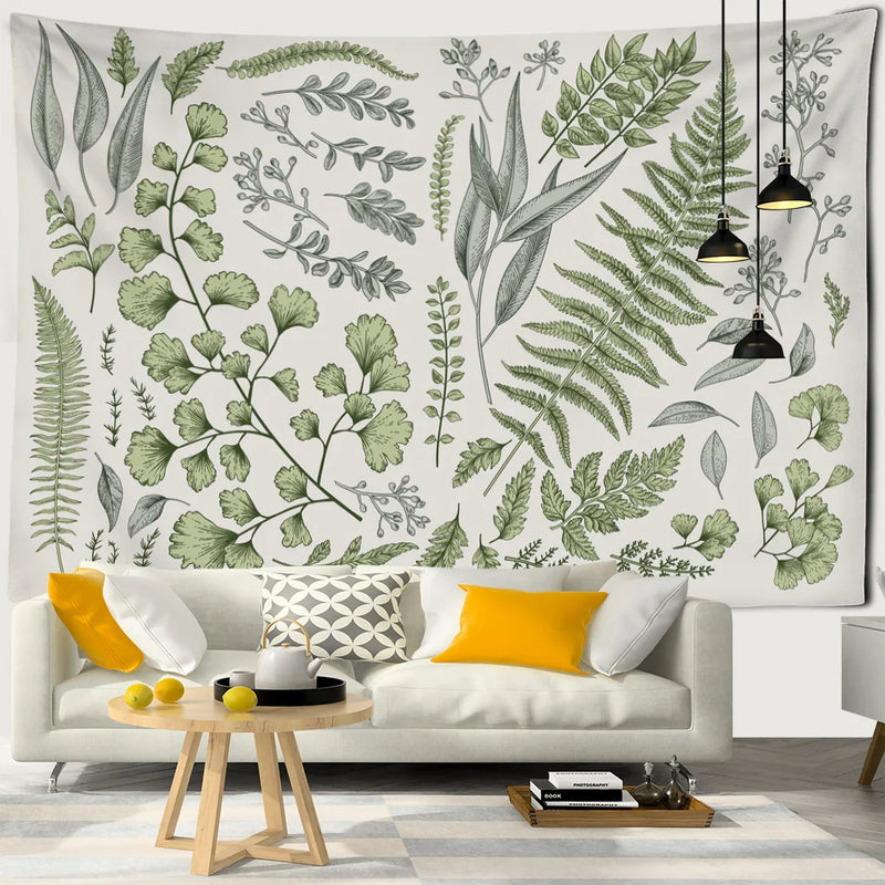 Afralia™ Botanical Tapestry Wall Hanging Fern Leaves Boho Nature Aesthetic Room Decor