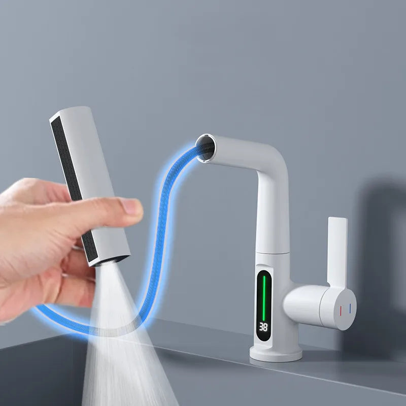 Afralia™ Digital Display Brass Basin Faucet, Hot Cold Mixer, White Single Lever