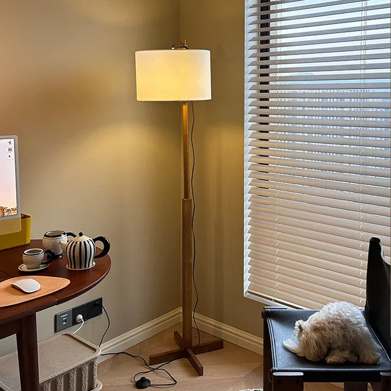 Afralia™ Solid Wood Fabric Shade LED Floor Lamp for Home Decor